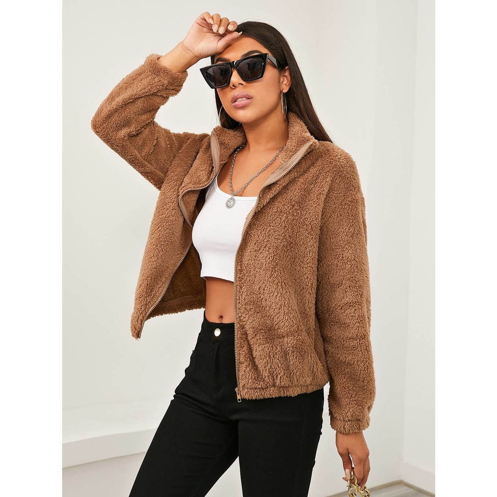 stand collar faux fur Zip Up Teddy Jacket teddy coat fall winter tan camel brown - Picture 4 of 10